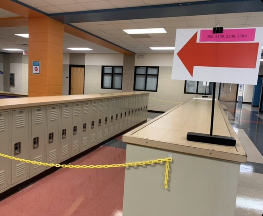 A large red arrow directs students and staff past the chained-off locker bays.