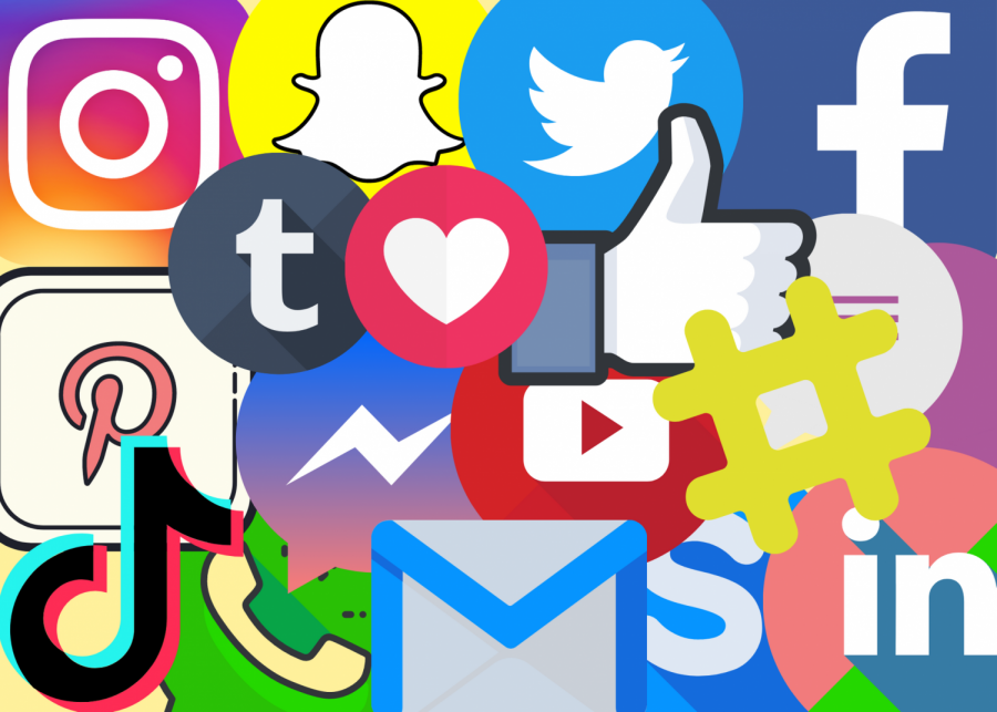 Various social media and app logos are compiled in a collage.