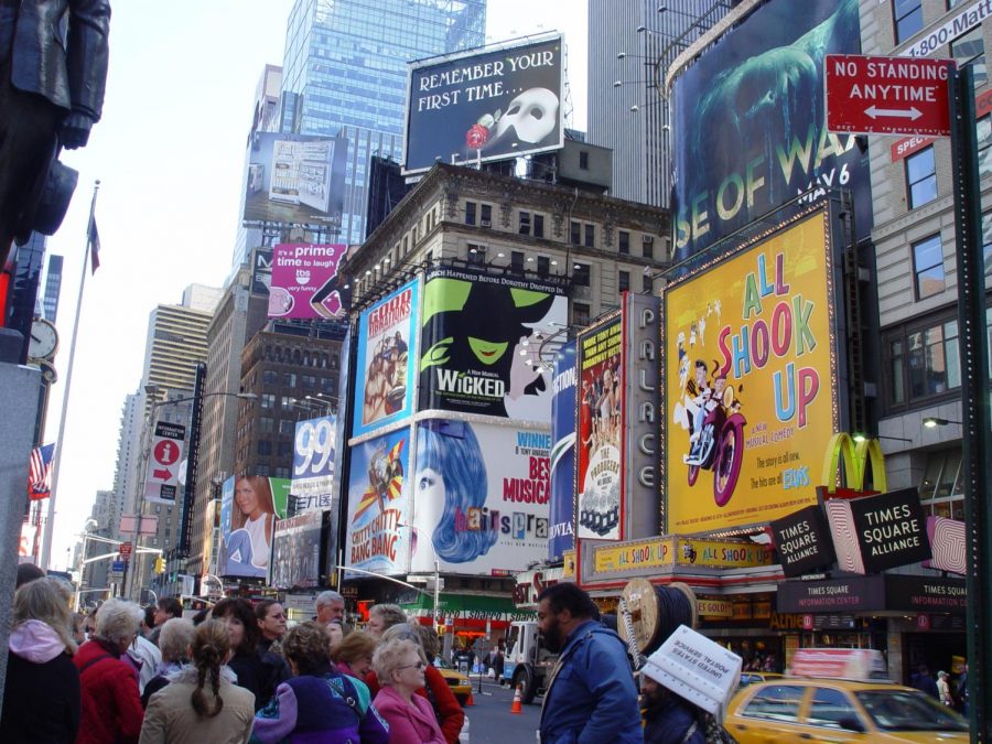 Broadway musical posters can be seen all around Times Square, NYC.
