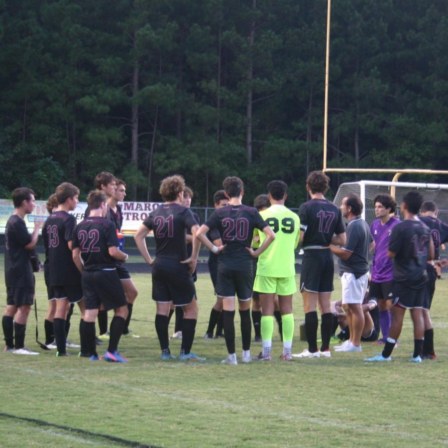 Wakefield mens soccer strategizes for an upcoming game against Wake Forest.  Wolverines went on to win the game with a 2-0 shut-out.