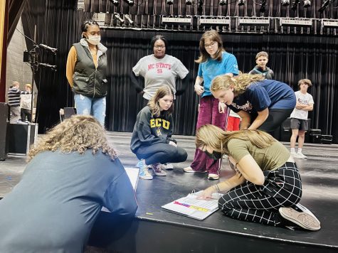 The cast and crew of Wakefields Sleeping Beauty brainstorm together during rehearsal. They discuss the blocking of one of the scenes.
