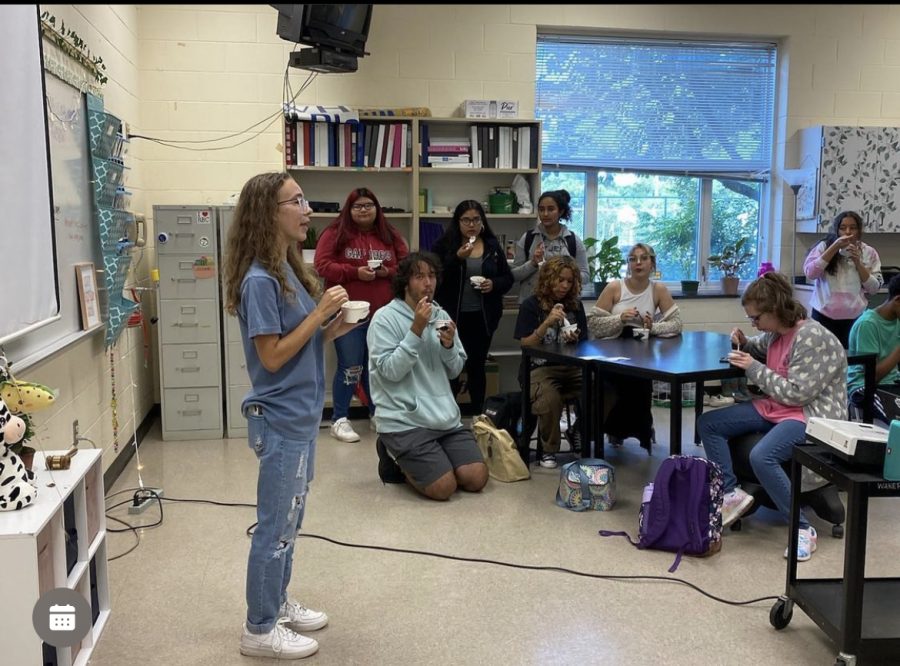 FFA president, Brooklyn Talbert, leads the first FFA meeting of the year. She will promote different agricultural events for the members to participate in.