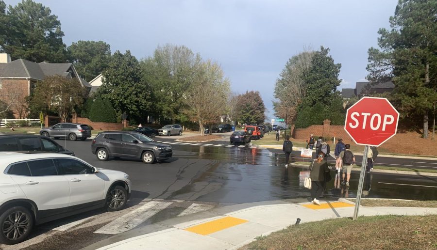 Students cross the street to get to Schoolhouse Street by foot, while some students also depart in their cars. This is what youll find in the intersection of Wakefield Pines Drive, Schoolhouse Street and the schools driveway on a typical Wednesday afternoon. 