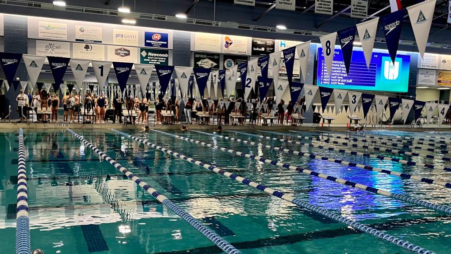 Wakefields swimmers prepare to dive into the pool at the first meet of the season. The Triangle Aquatics Centers pool provides an uplifting and encouraging environment for all four teams in attendance. 
