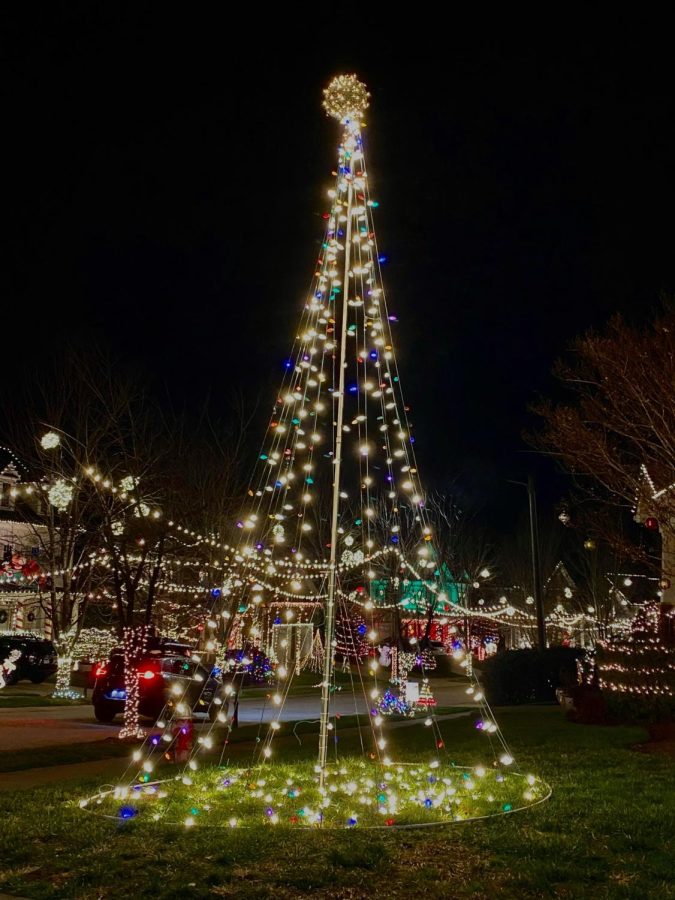 An enormous tree made of lights sits near the entrance of the neighborhood, giving passersby a peek into whats to come.  