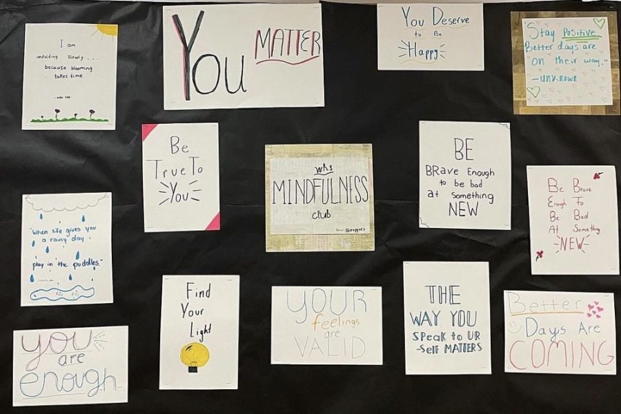 Wakefields Mindfulness Club spreads awareness to rising mental health issues in teens through this group of posters, which were created during one of their meetings. This club, along with counselors and teachers at Wakefield, are working to spread awareness and help students who may be struggling emotionally. 