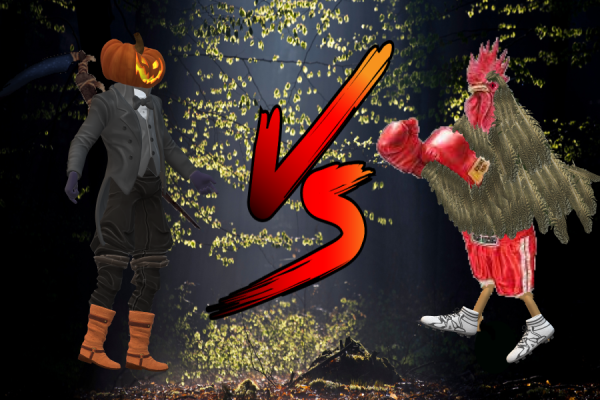 Turkey and pumpkin man fight for the holidays.