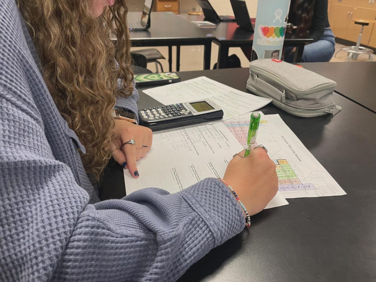 Sam Kuhlemeier works quietly in class while her teacher is away administering the Practice ACT. Kuhlemeier uses the free period to catch up on Chemistry homework. 