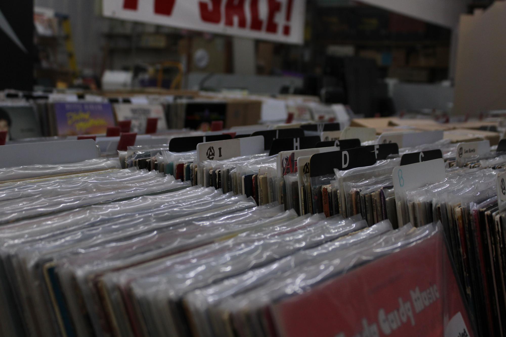 The vast collection of records at Record Krate in Wake Forest. Each meticulously wrapped and sorted in alphabetical order, the huge selection allows for anyone to find something theyd enjoy.
