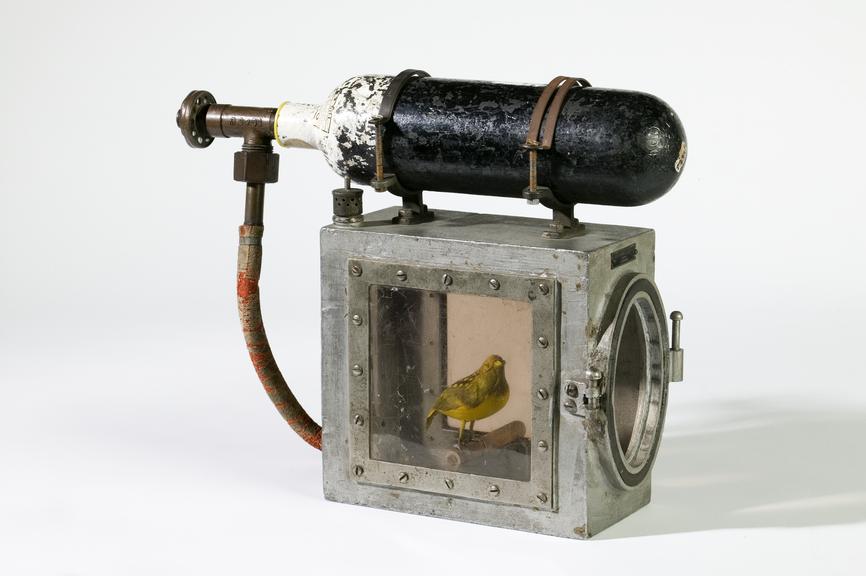 Cage for reviving canary, with oxygen cylinder, made by Siebe Gorman & Co. Ltd, London. Photo courtesy of the Museum of Science & Industry/Science & Society Picture Library