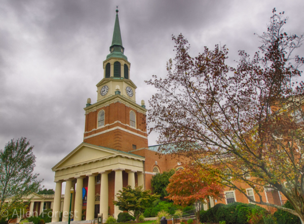 Wake Forest University's Wait Chapel on campus in the fall. Surrounded by trees showing the beauty of the campus. (Photo Courtesy of Creative Commons)