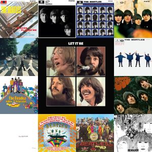 "The Beatles" 13 studio albums. The albums range from "Please Please Me" in 1963 to "Let It Be" in 1970.